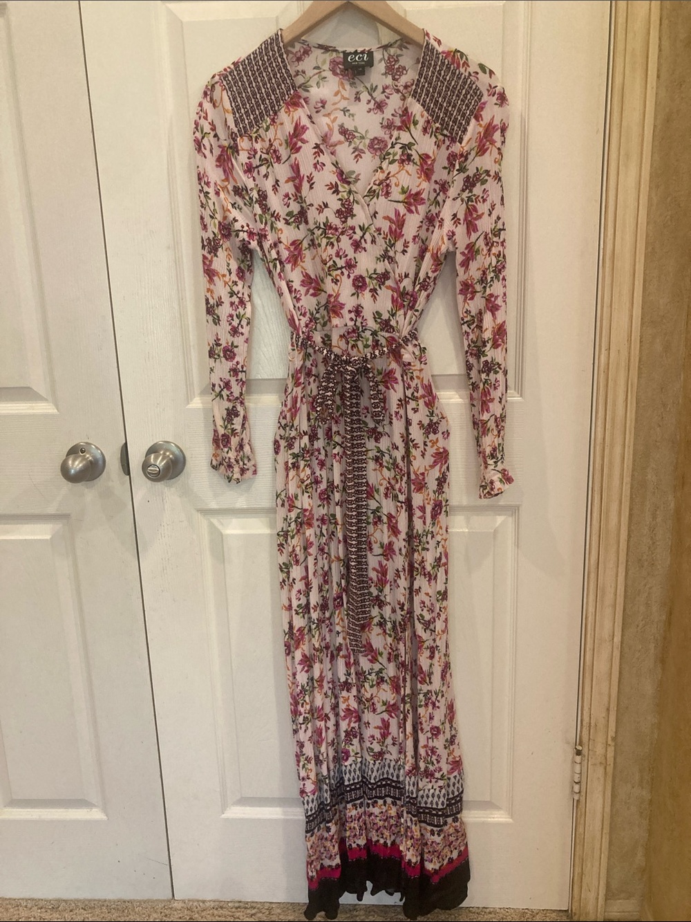 ECI Pink Floral Wrap Maxi Dress with Smocked Trim